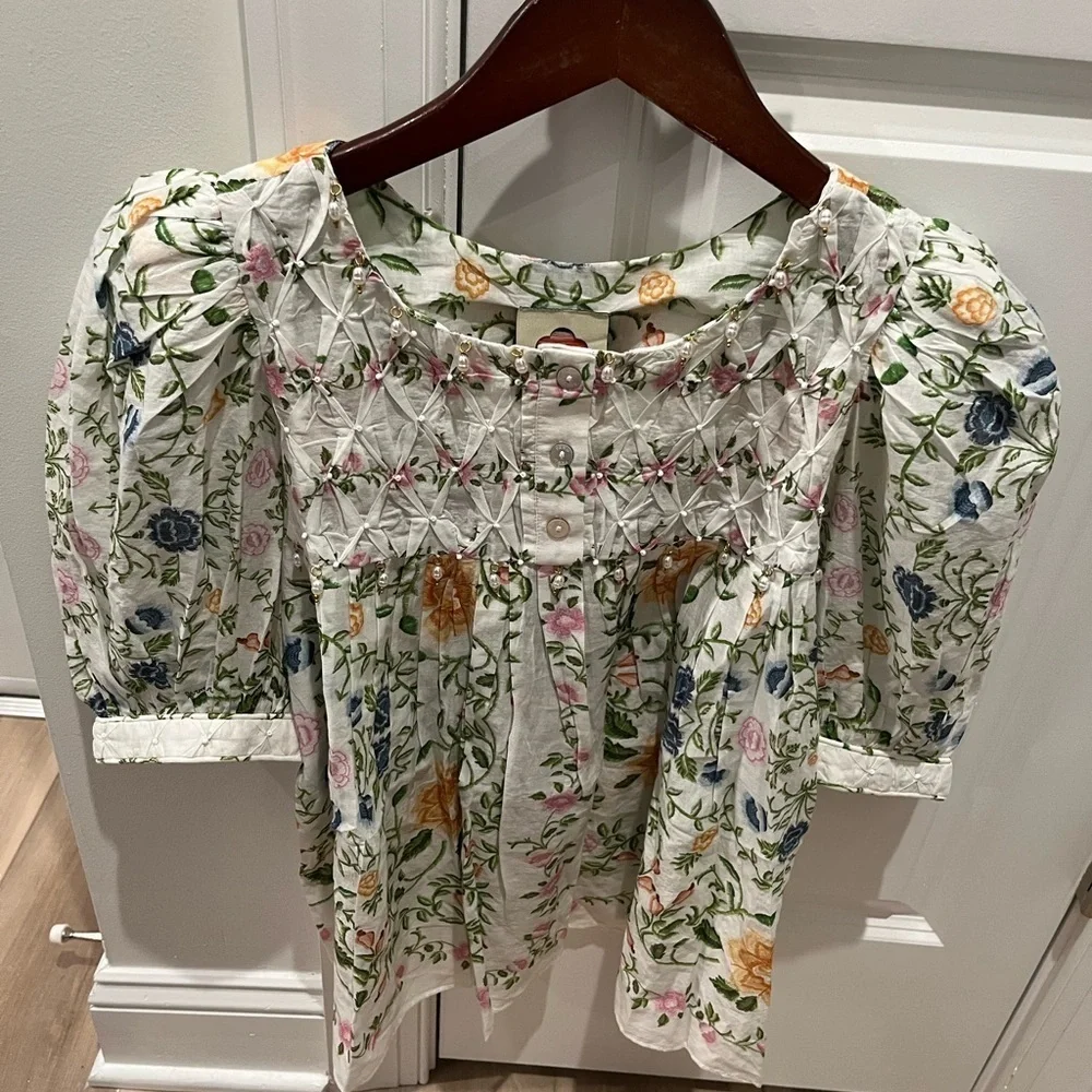 NWT Farm Rio Folk Floral Off-White Scoop Neck Short Sleeve Blouse Top - Picture 5 of 8